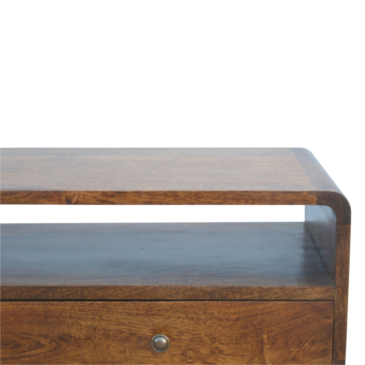 Close-up of the chestnut console table's open shelf and upper drawer
