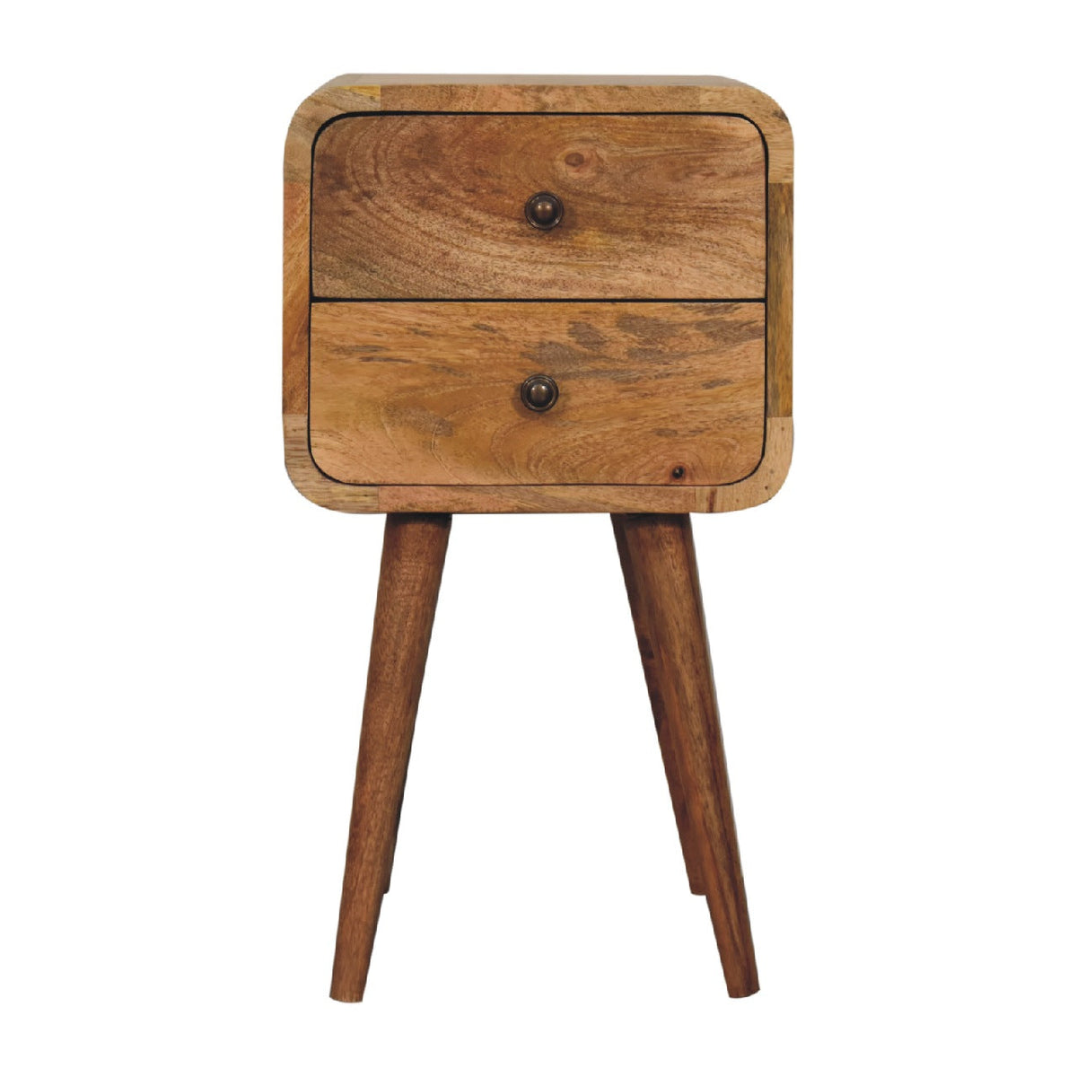 Two-drawer wooden nightstand shown head-on against a white background, with curved corners and angled legs.