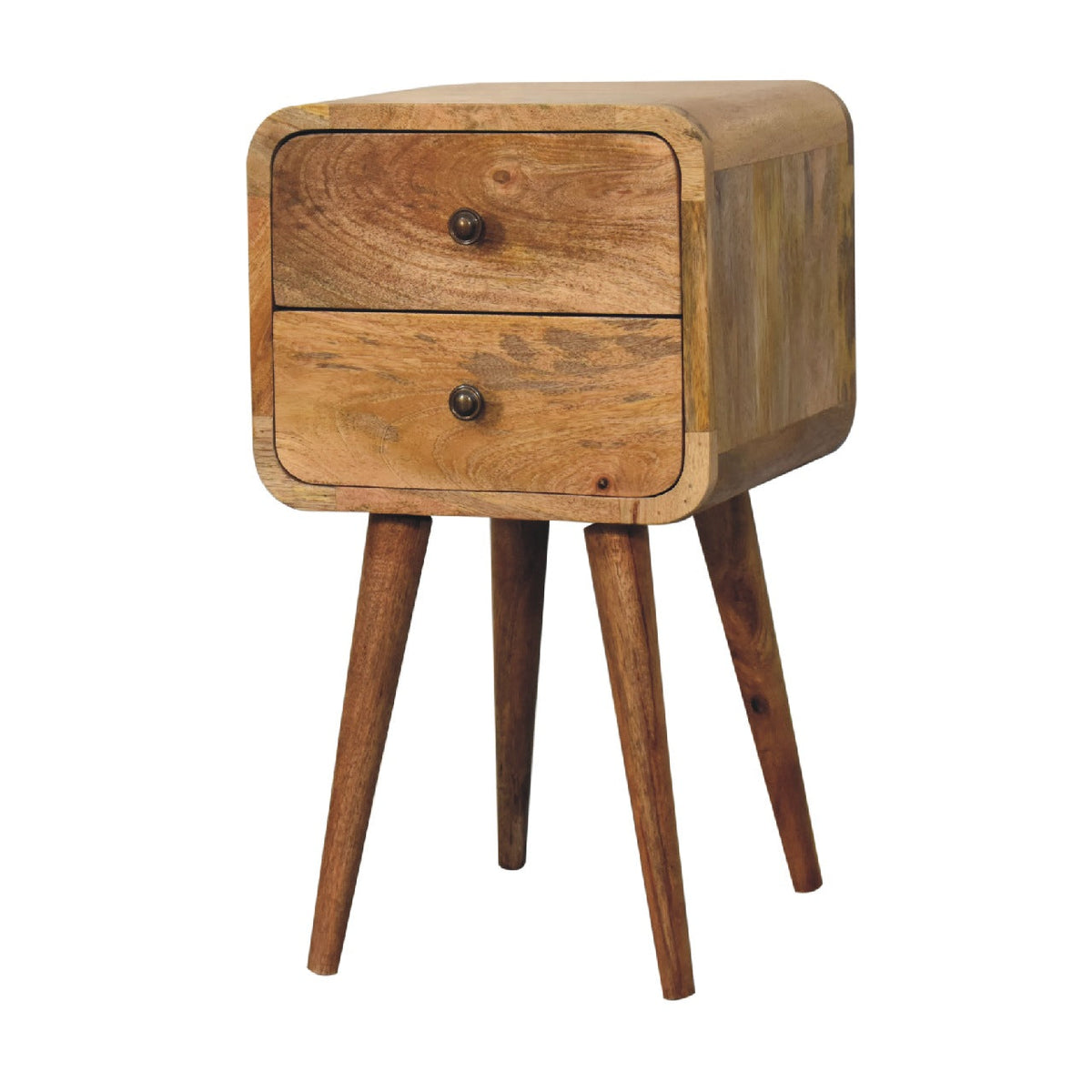 Three-quarter view showing the nightstand’s two drawers, rounded body, wood-grain side, and tapered legs.