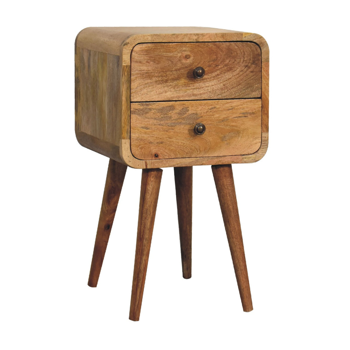 Angled view of the nightstand revealing its opposite wood-grain side and two front drawers.