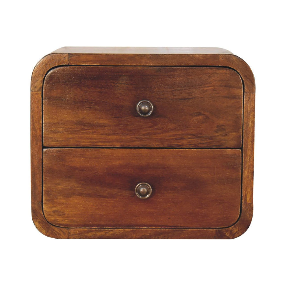Chestnut wood wall-mounted nightstand shown straight on with two drawers