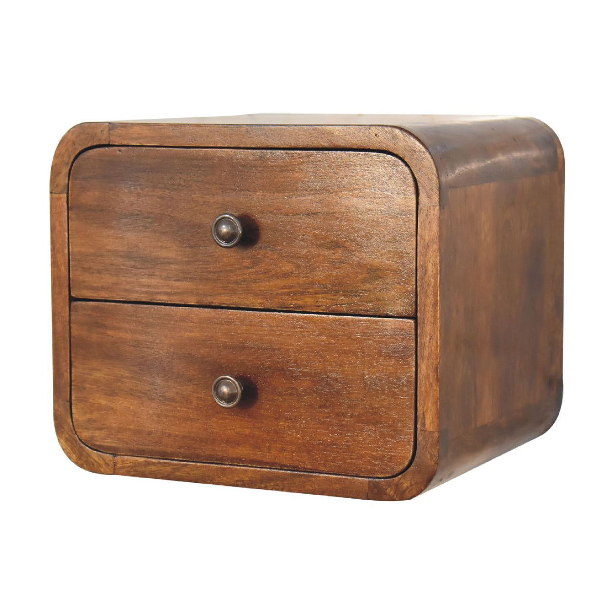 Angled front and right-side view of the chestnut two-drawer nightstand