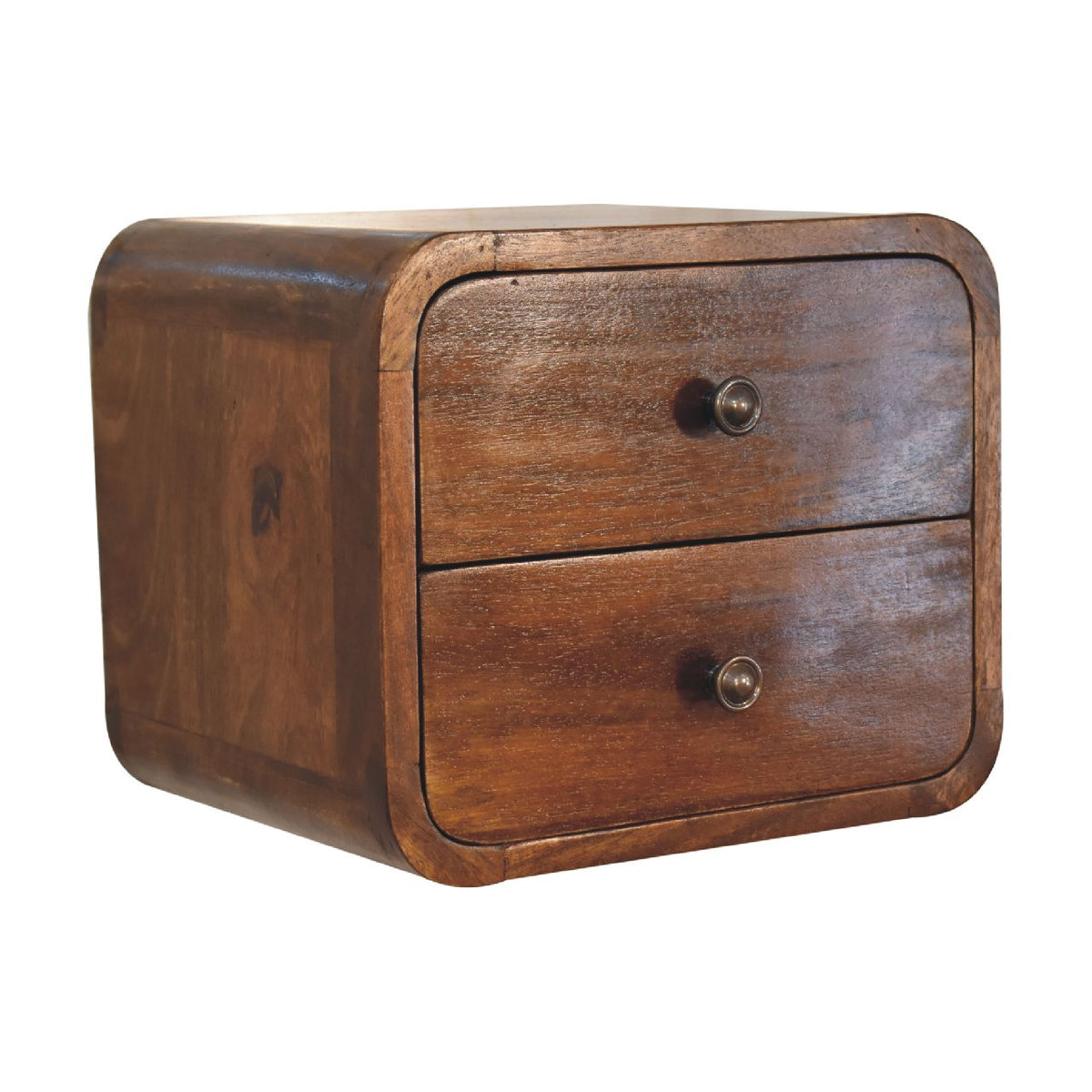 Angled front and left-side view showing the rounded chestnut nightstand body