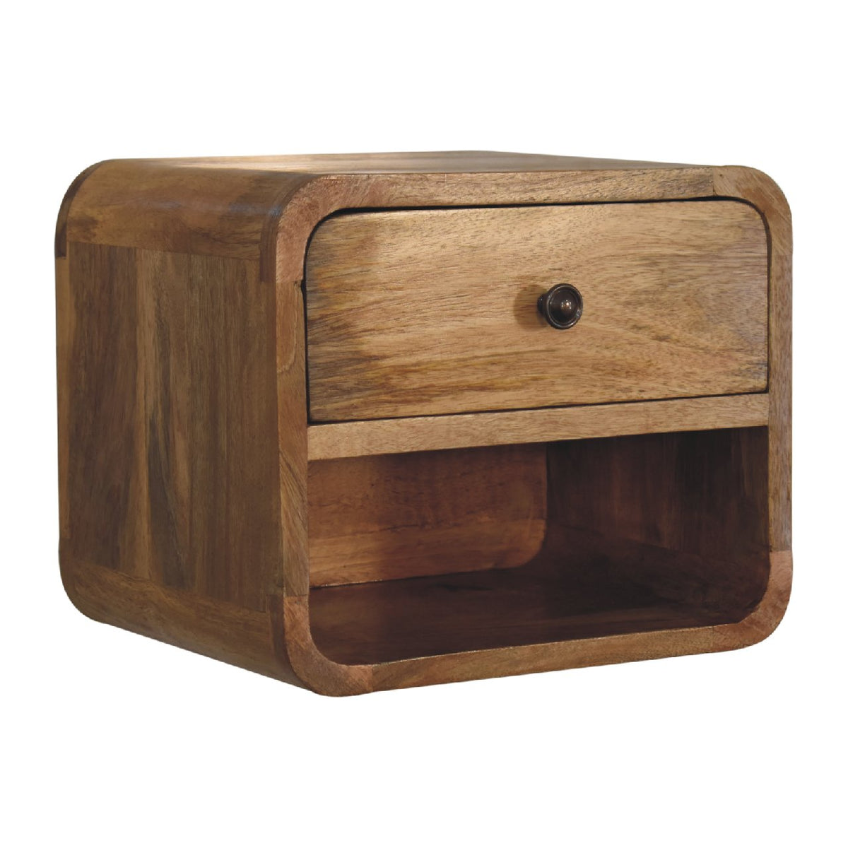 Oak-finish wall-mounted nightstand shown from a left-front angle