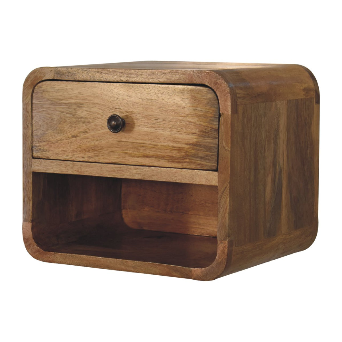 Compact mango wood nightstand shown from a right-front angle
