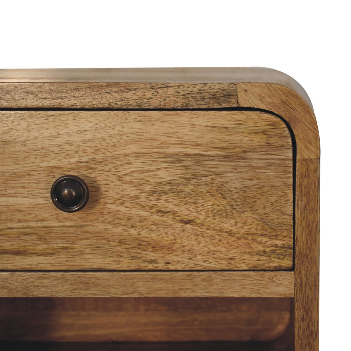 Close-up of the nightstand drawer front, dark knob and open slot