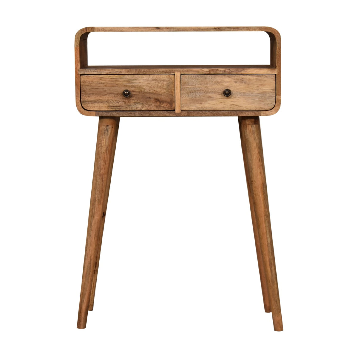 Oak-tone console table shown straight on with two drawers and an open slot