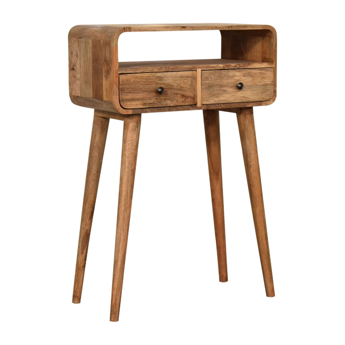 Oak-tone console table shown from the left at an angled front view