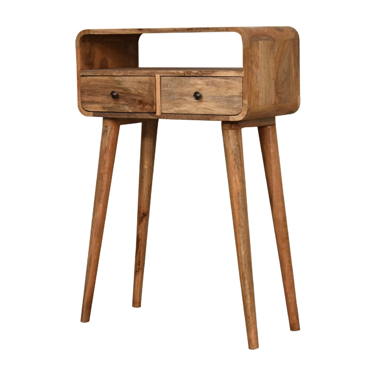 Curved mango wood console table viewed from the right side at an angle