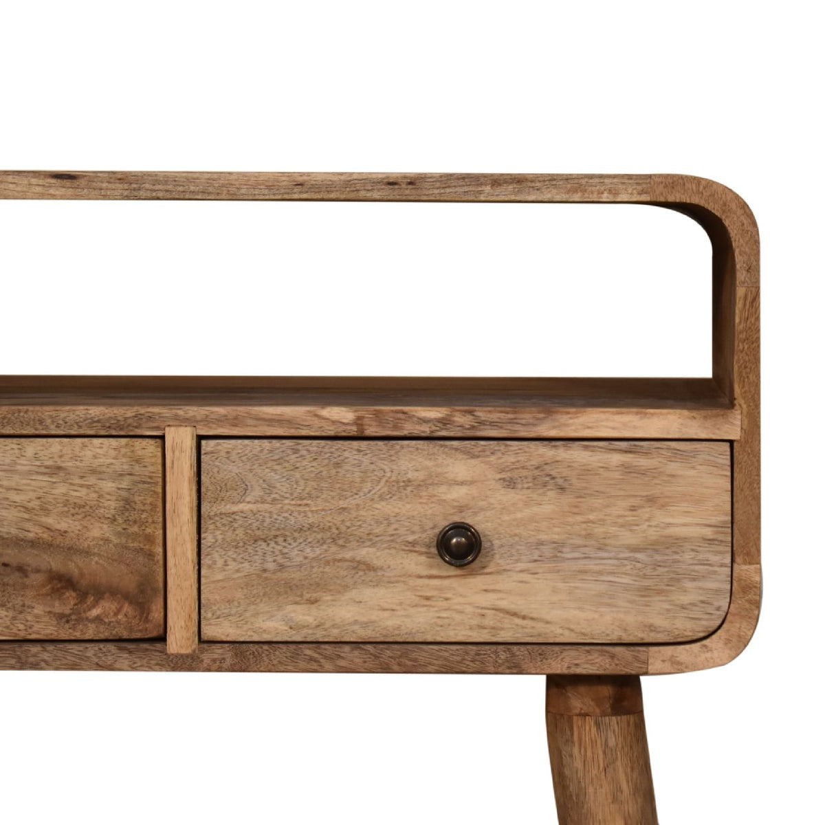 Close-up of the console table's two drawers, knobs, and open slot