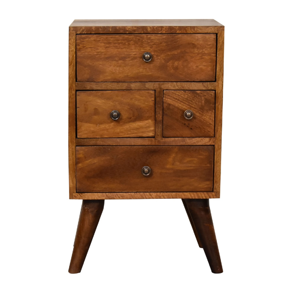 Chestnut four-drawer nightstand in a straight-on full view against a white background