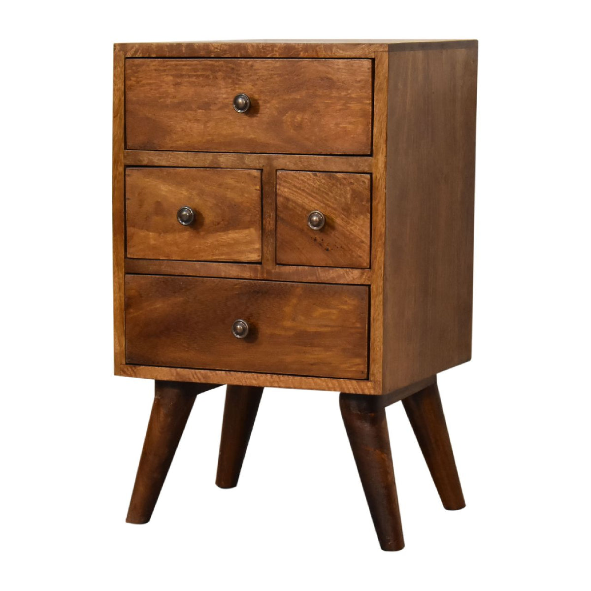 Angled front view of the chestnut nightstand with its right side and legs visible