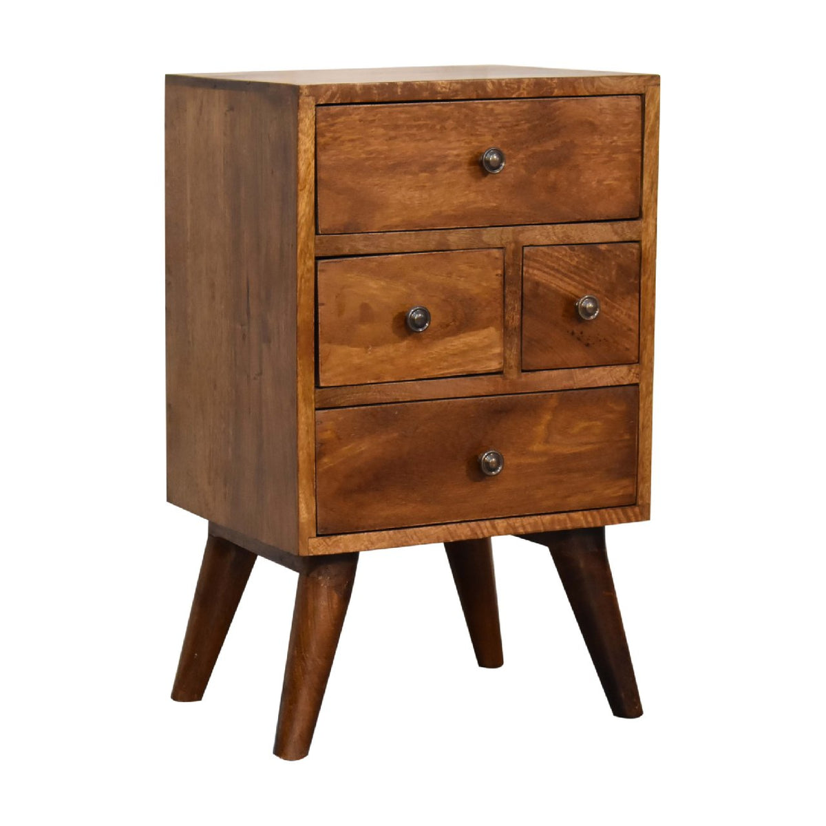 Angled front view showing the chestnut nightstand's left side and four drawers