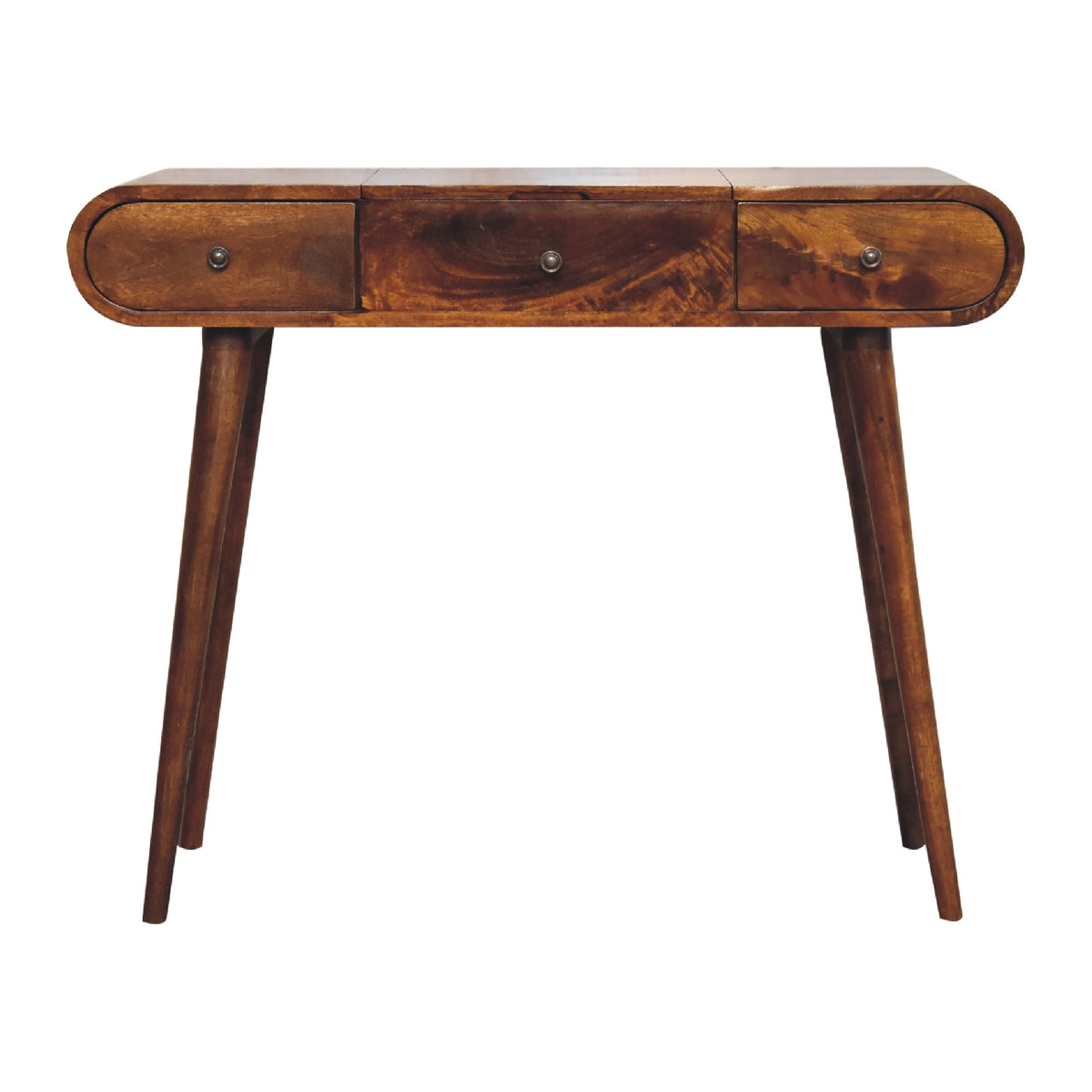 Chestnut-finish dressing table with three drawers and tapered legs, front view