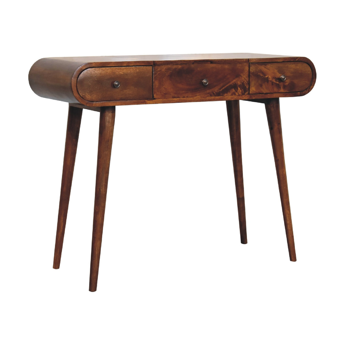 Angled view of chestnut-finish dressing table with three drawers and tapered legs