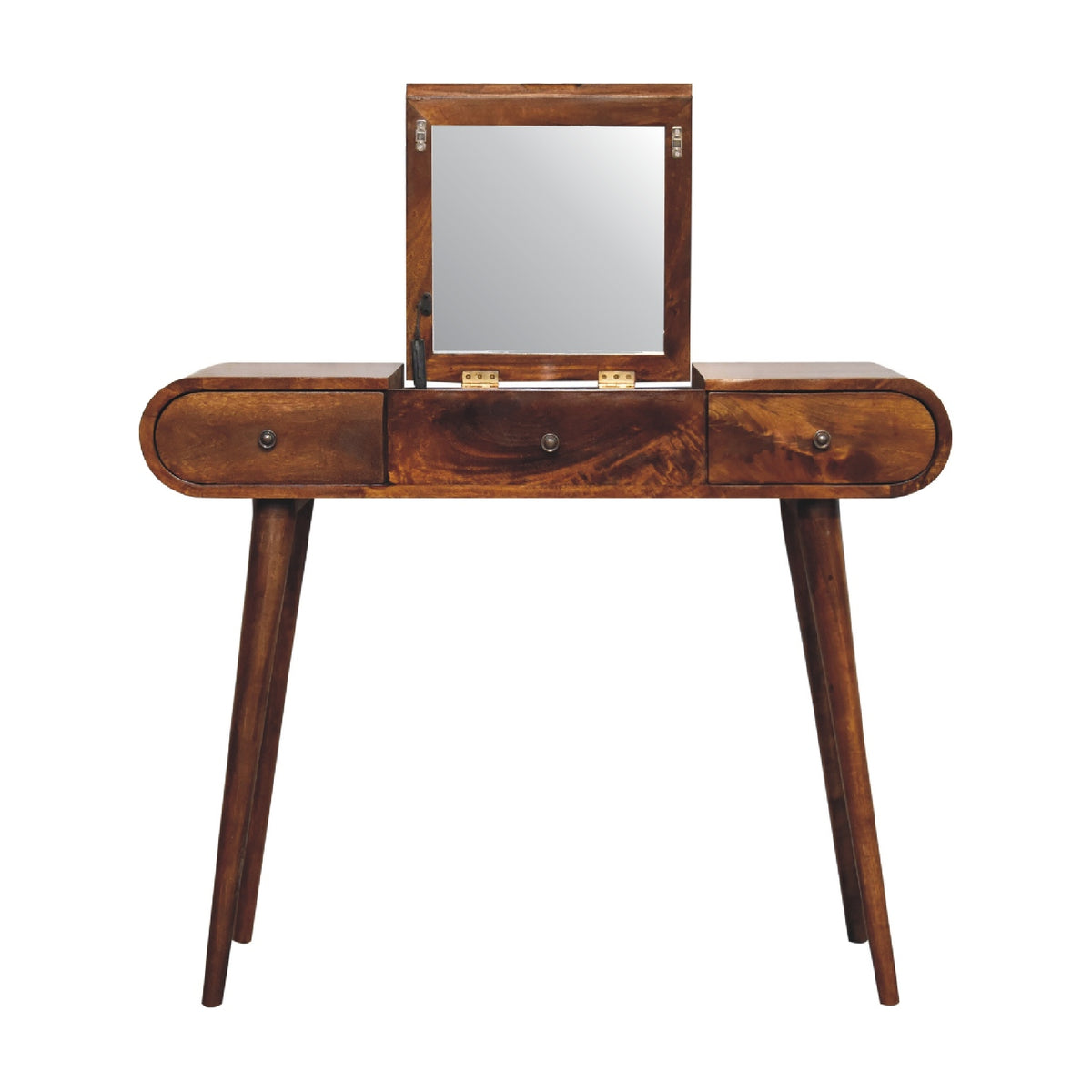 Front view of chestnut dressing table with its foldable mirror raised
