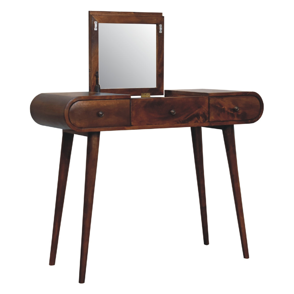 Angled view of chestnut dressing table with the framed mirror open
