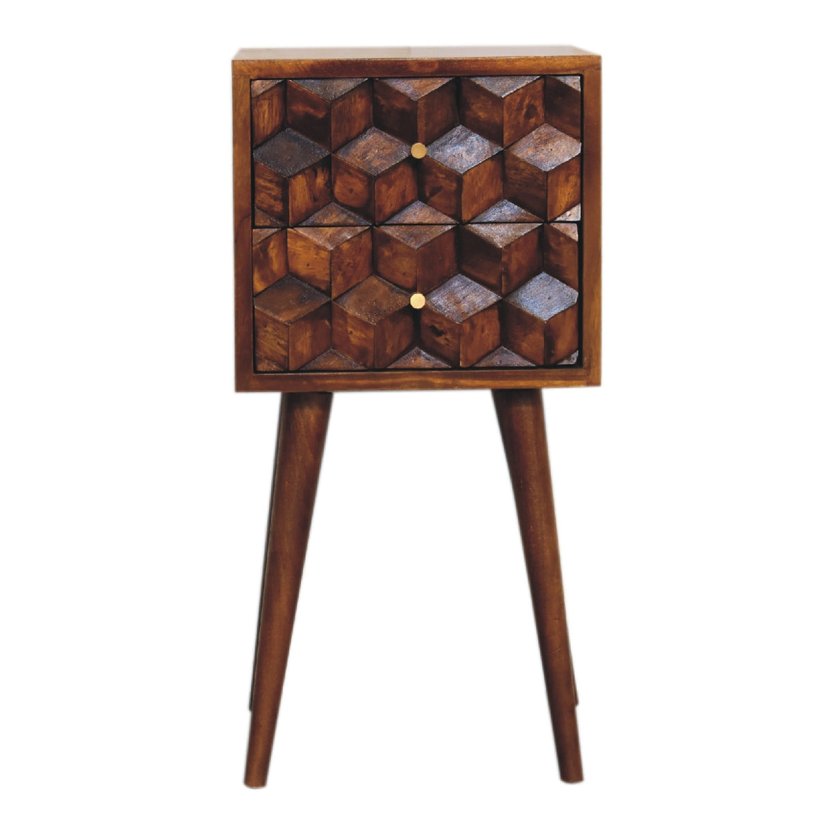 Chestnut nightstand in a straight-on view, showing two cube-carved drawers and four legs