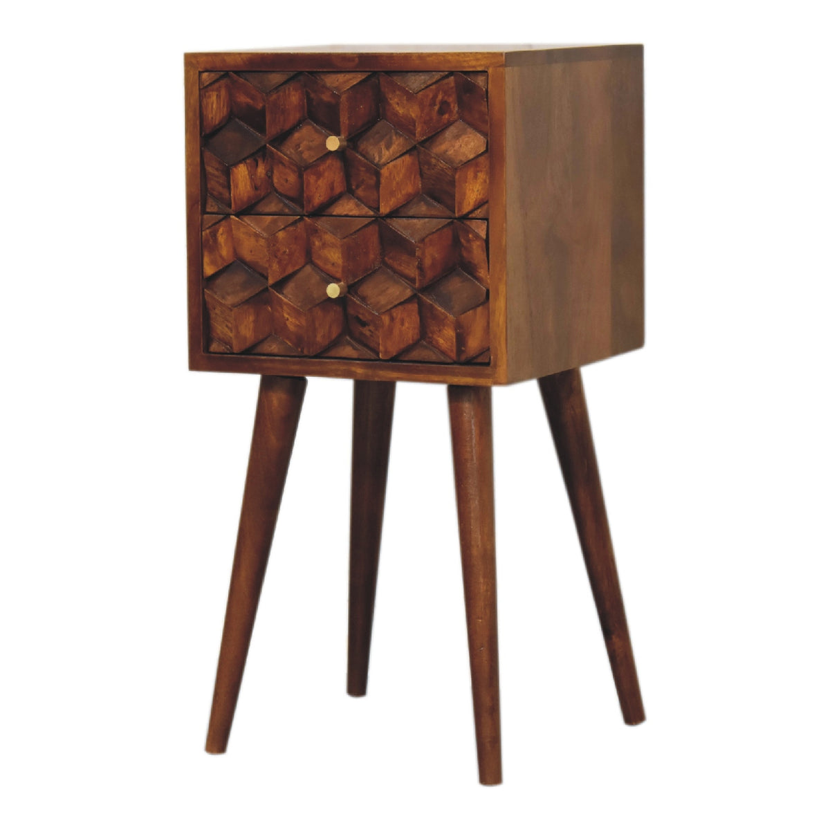 Chestnut cube-carved nightstand shown from the right front, with its side panel visible