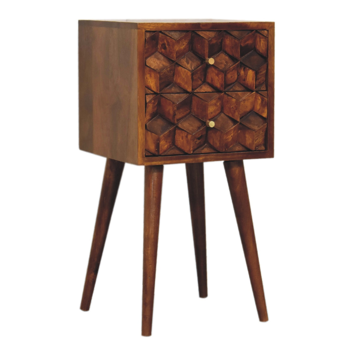 Chestnut nightstand shown from the left front, highlighting the carved drawers and legs