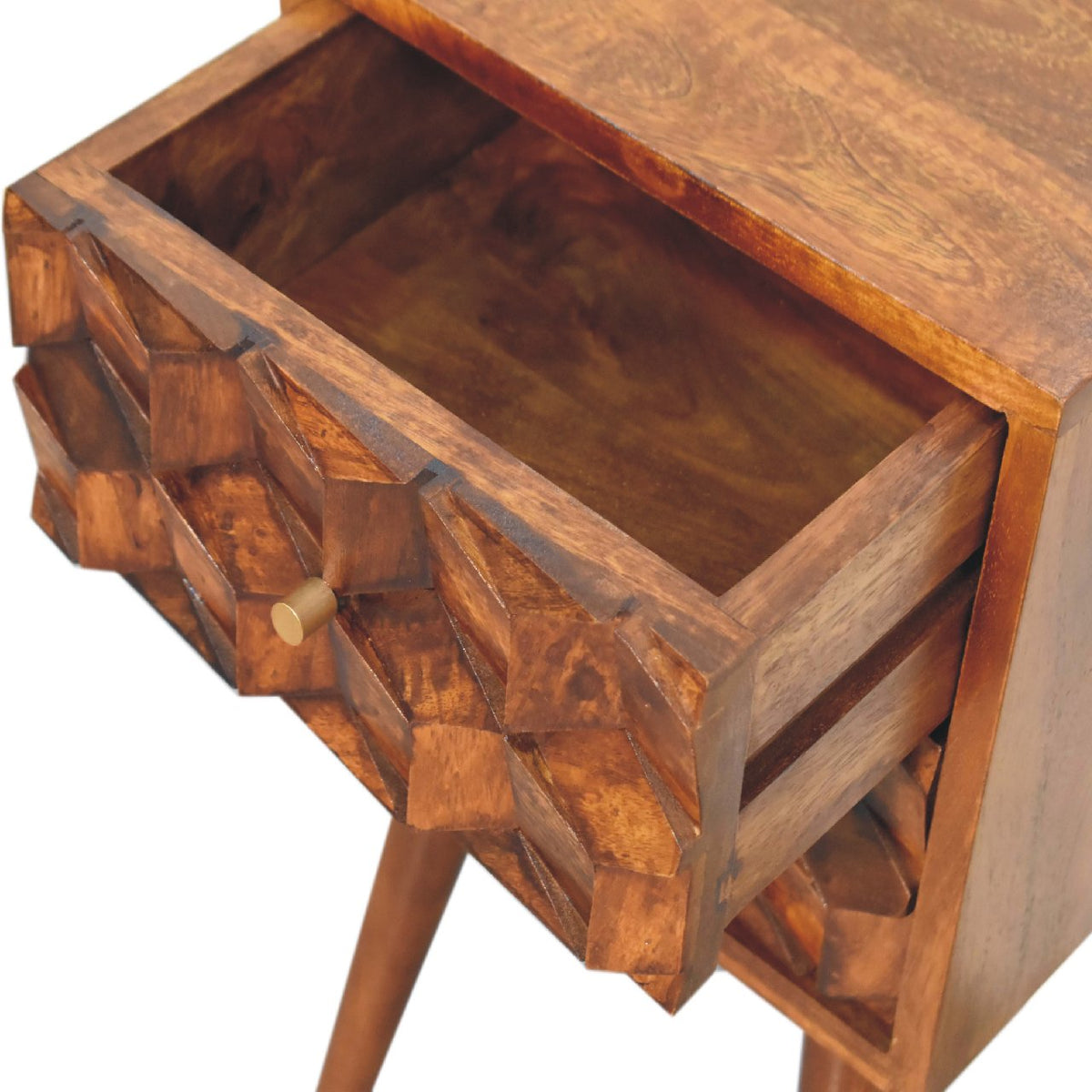 Open chestnut nightstand drawer viewed from above, showing its wooden interior