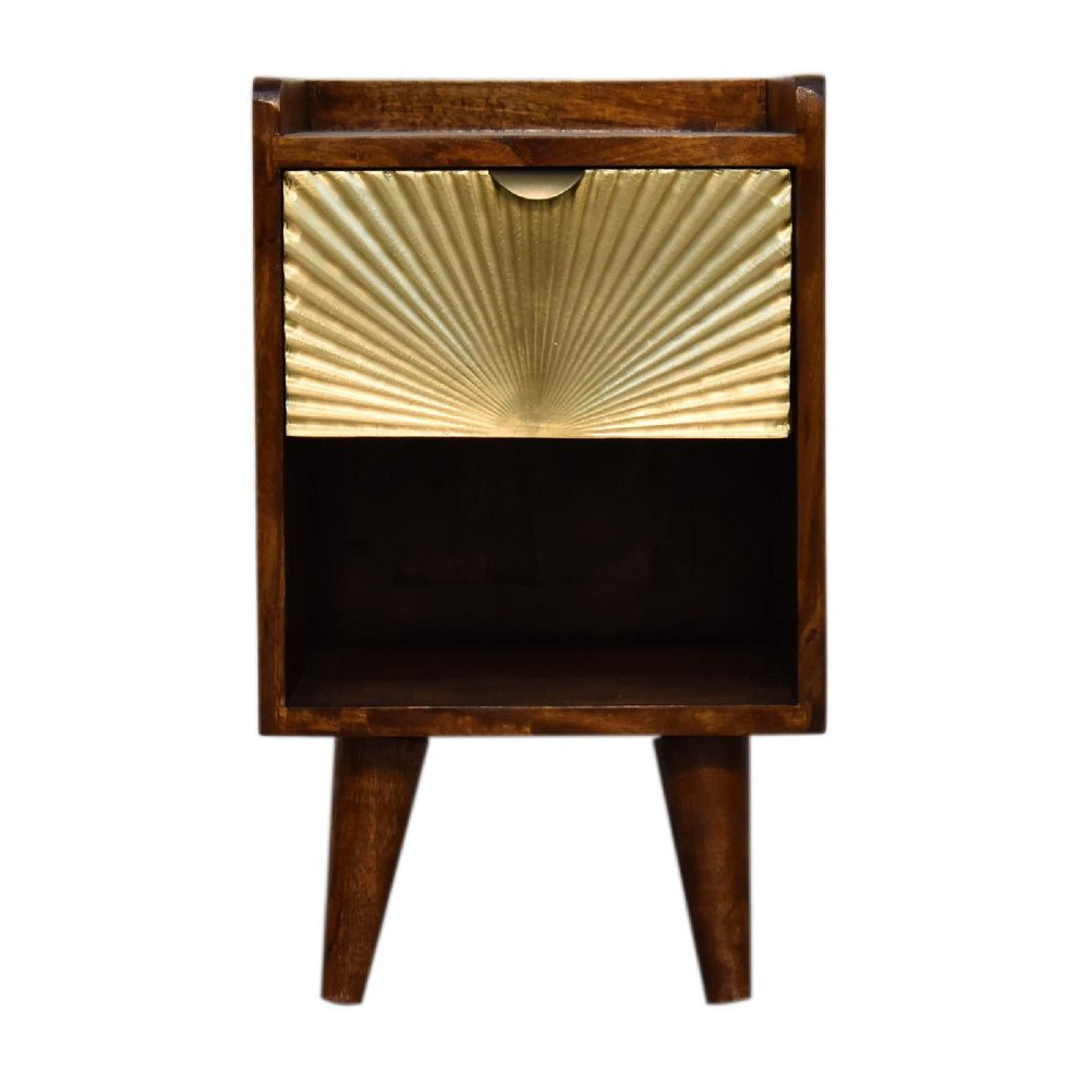 Chestnut nightstand front view with gold sun-rise drawer, open slot and tapered legs