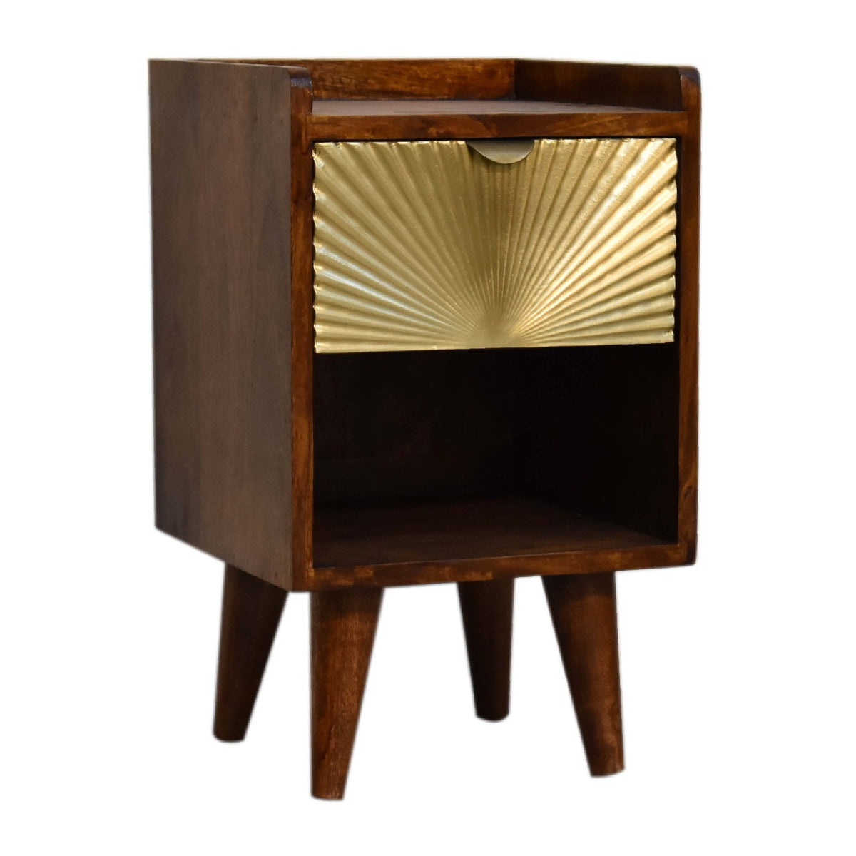 Angled view of chestnut nightstand showing its gold drawer front and open slot