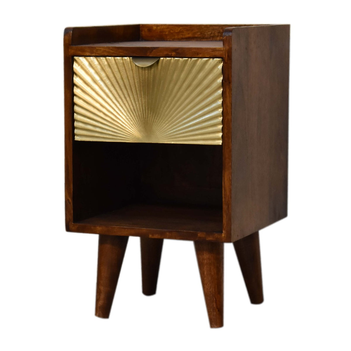 Opposite angled view of the chestnut nightstand with gold sun-rise drawer detail