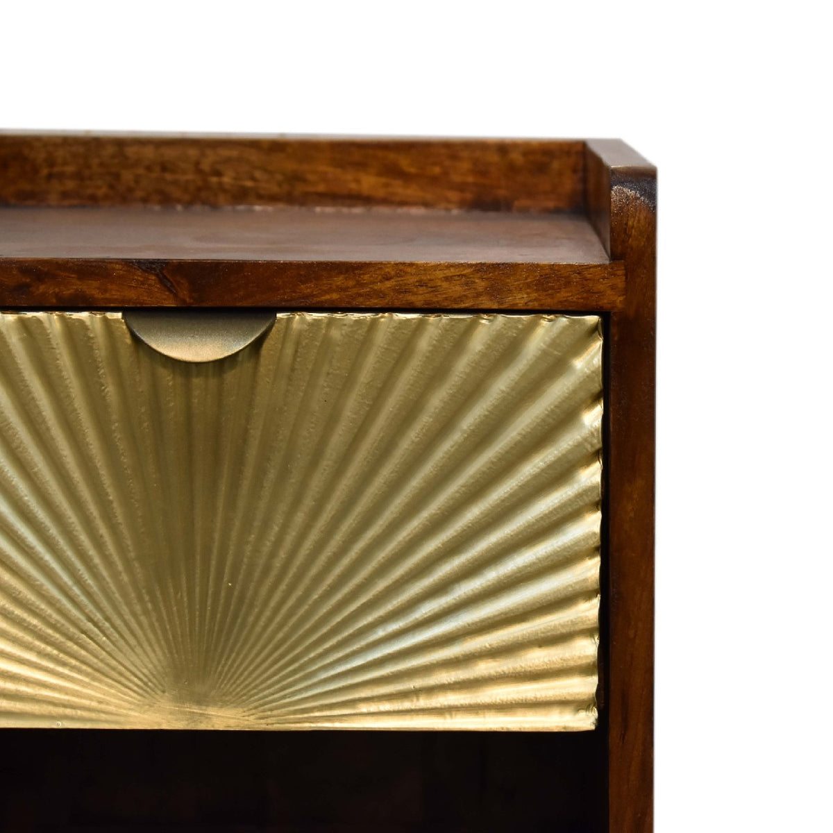 Close-up of the gold sun-rise drawer front and chestnut top edge
