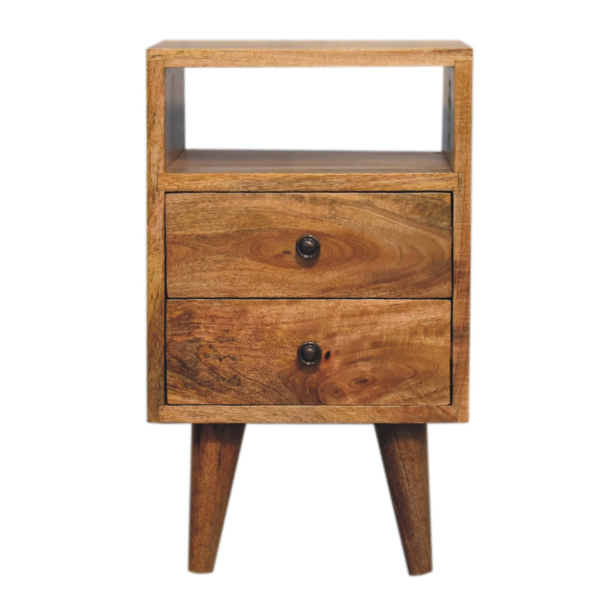 Front view of a small wood nightstand with two drawers and an open slot