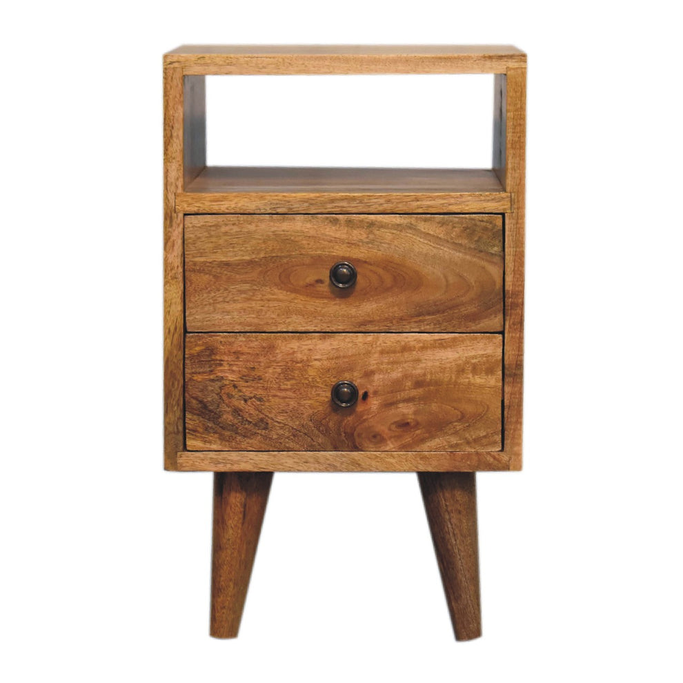 Oak-toned nightstand shown straight on with an open shelf and two drawers