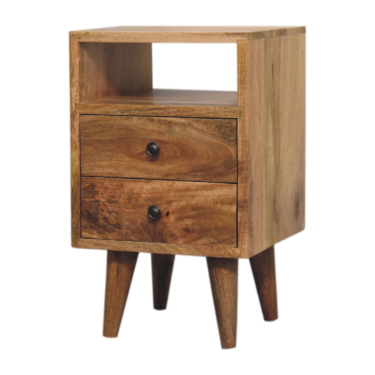 Three-quarter view showing the wood nightstand's open shelf and side panel