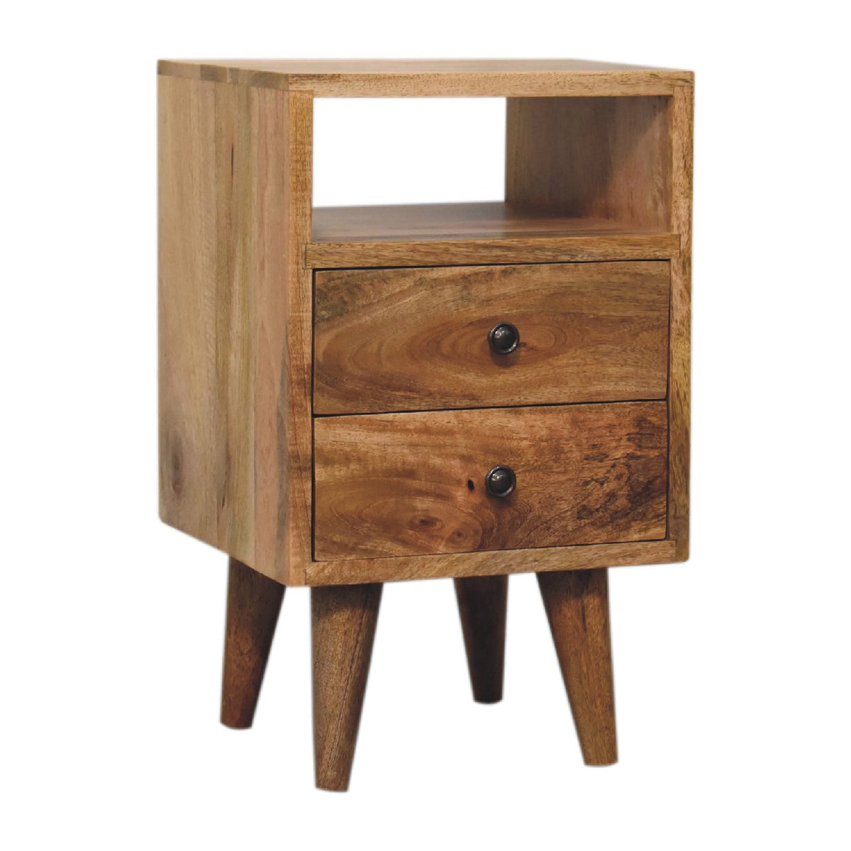 Opposite three-quarter view of the nightstand with tapered legs and two drawers