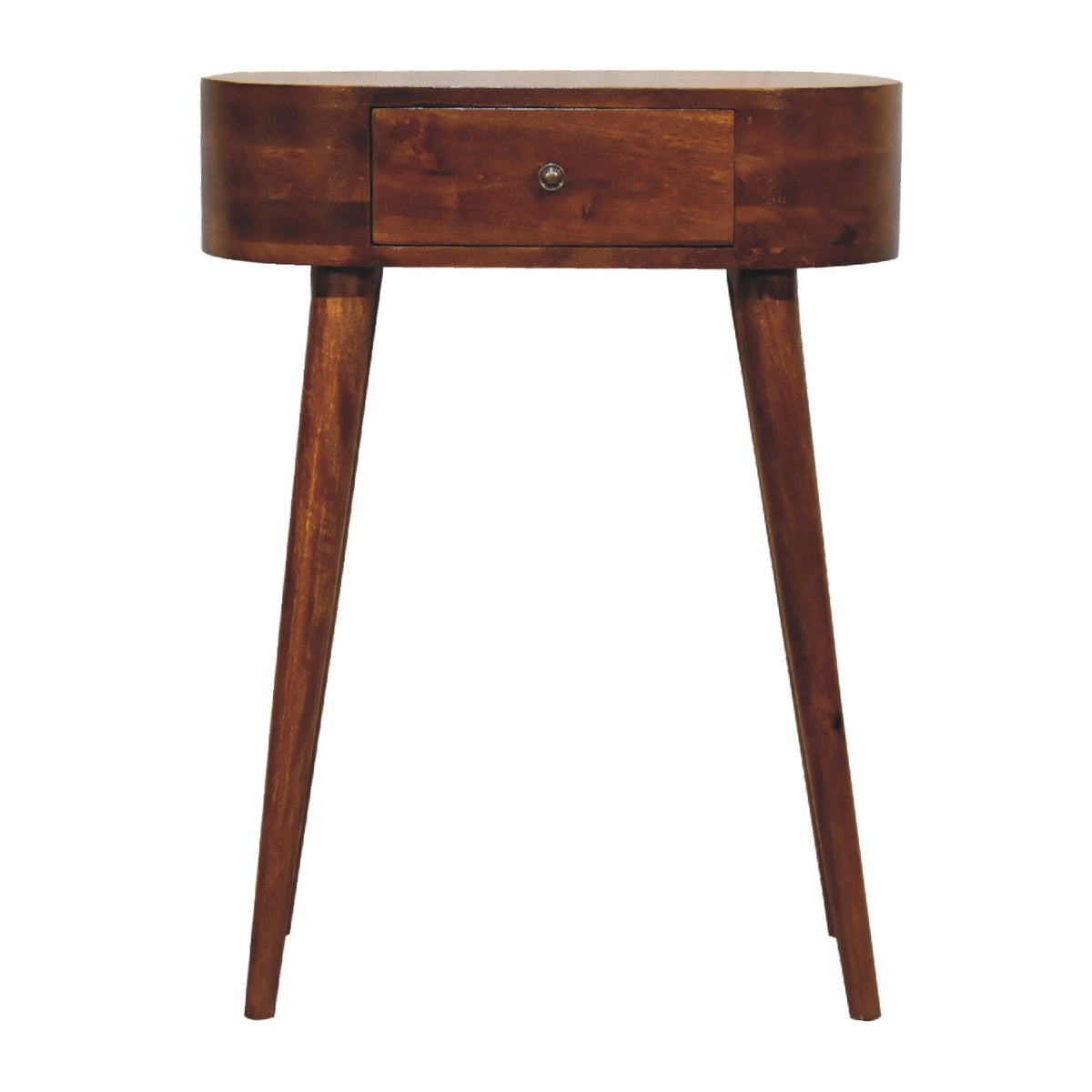Brown console table with a drawer, shown straight on against a white background