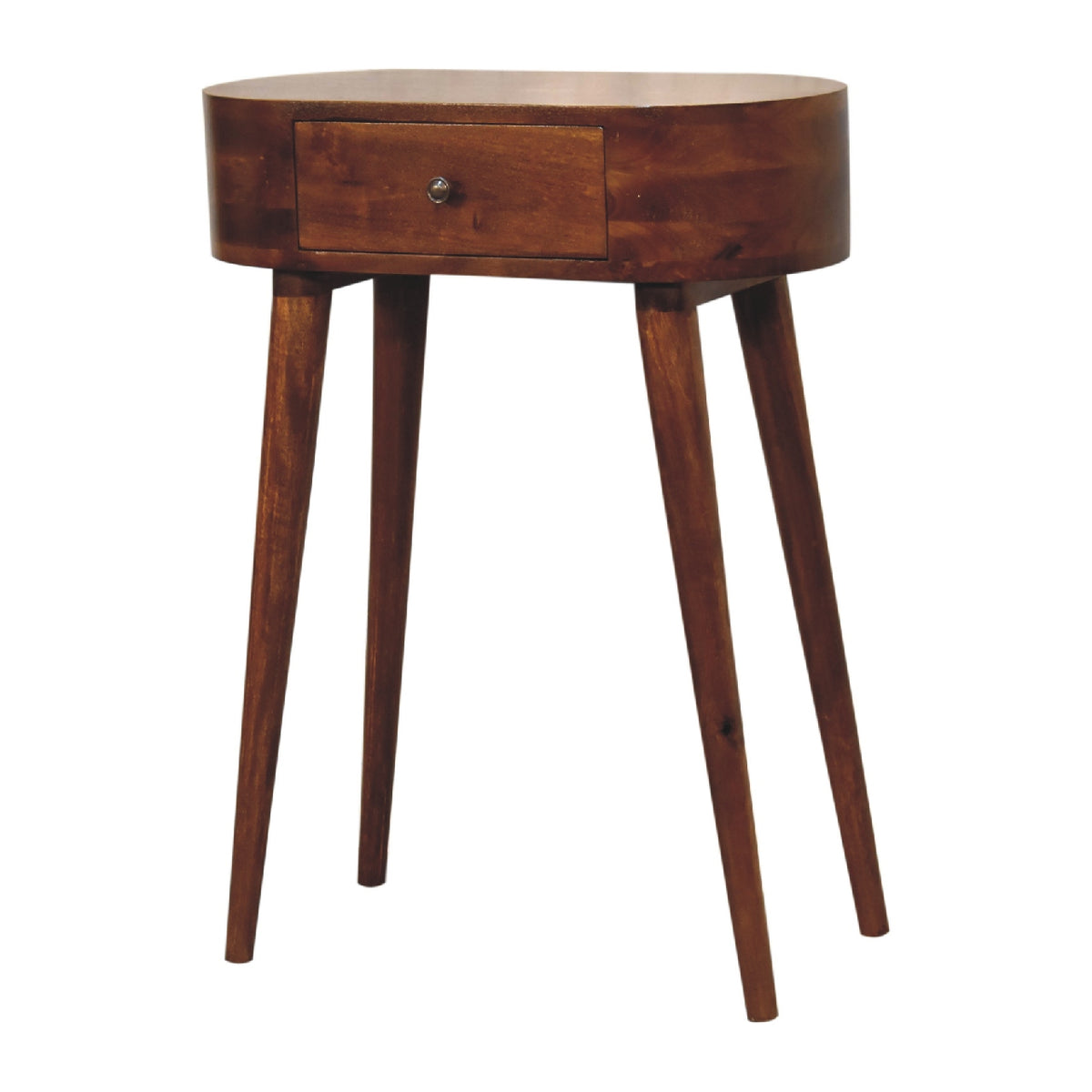 Brown console table with a drawer and four legs, shown at an angle
