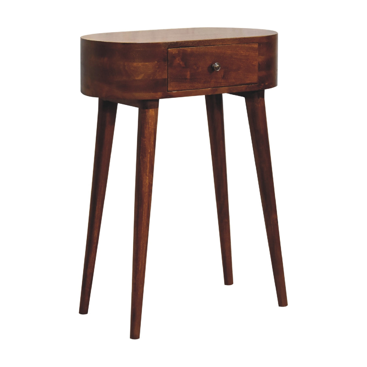 Brown console table with a drawer, viewed from the opposite front angle