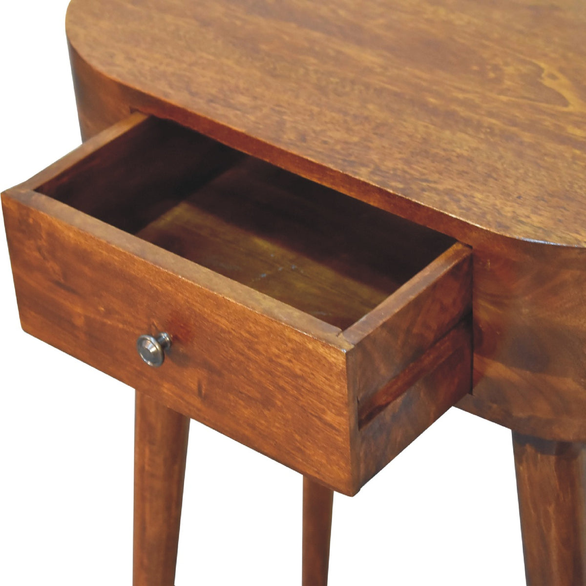 Close view of the brown console table with its drawer pulled open