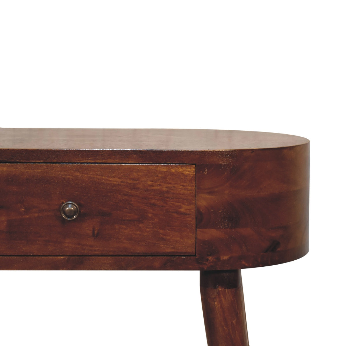 Close-up of the brown console table's drawer front and rounded tabletop edge