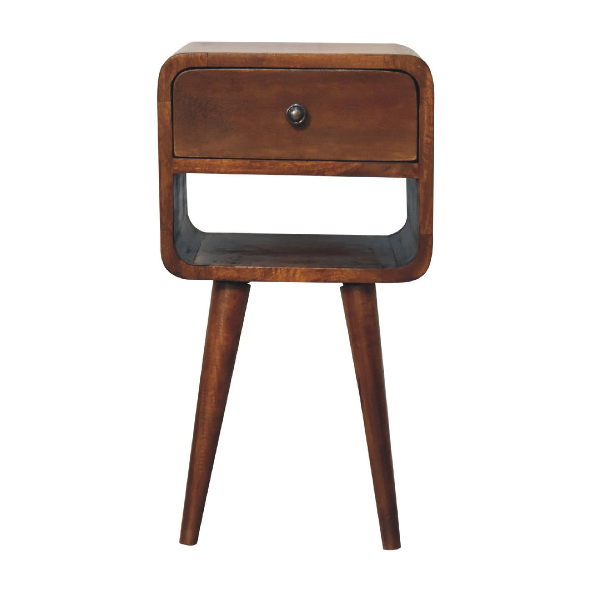 Chestnut nightstand shown straight on with one drawer, open shelf and four legs