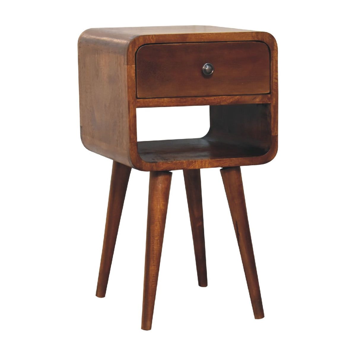Chestnut nightstand at an angle showing the drawer, open shelf and side