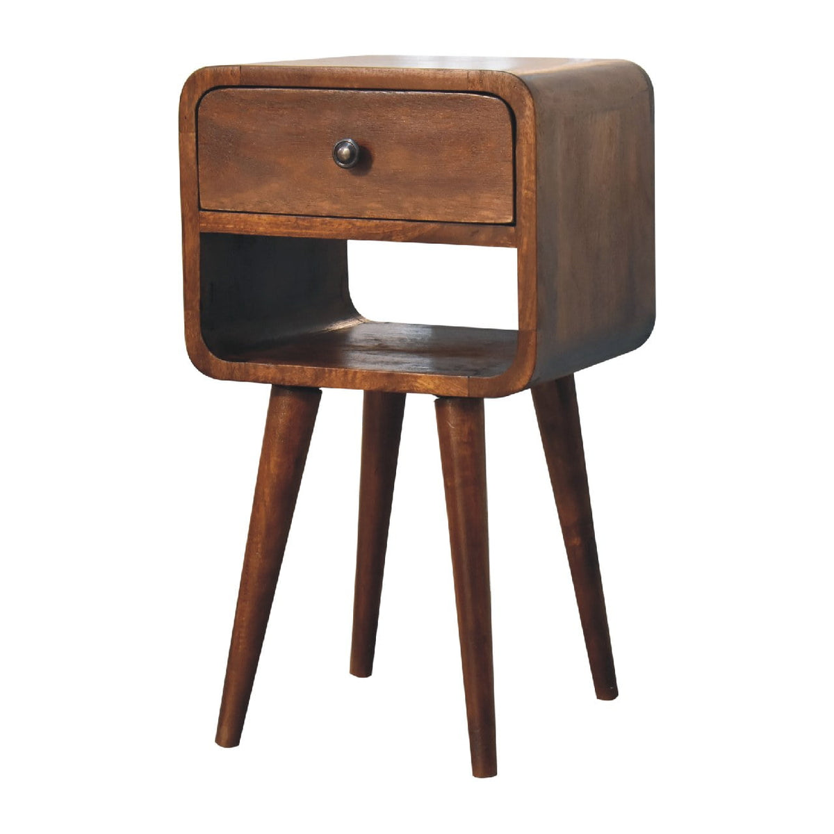 Angled view of the chestnut nightstand showing its curved side and legs