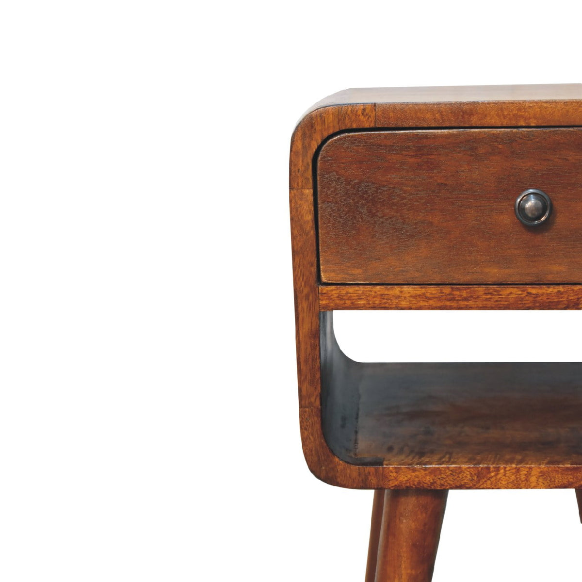 Close view of the chestnut drawer front and lower open shelf