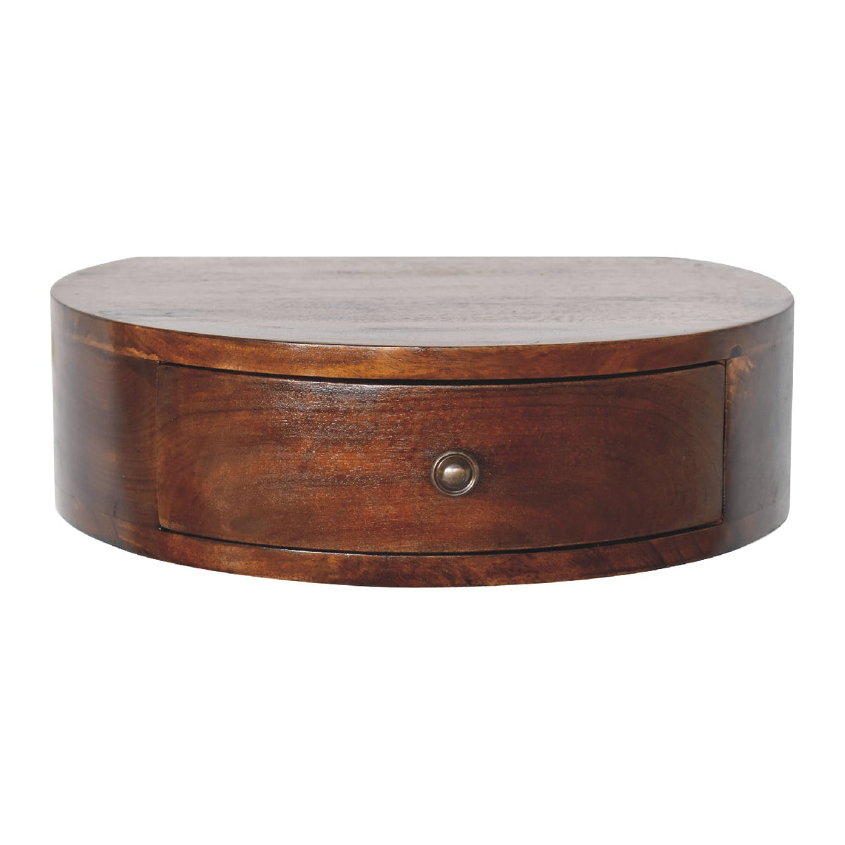Front view of a rounded chestnut nightstand with one drawer and a metal knob
