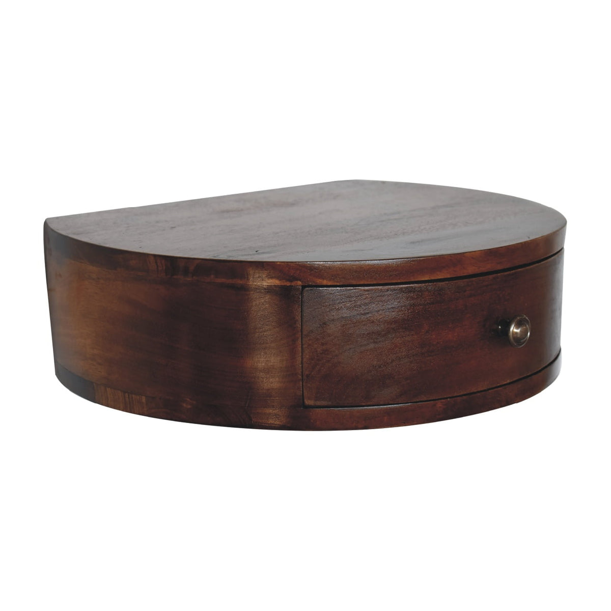 Chestnut floating nightstand shown at an angle, with its curved side visible