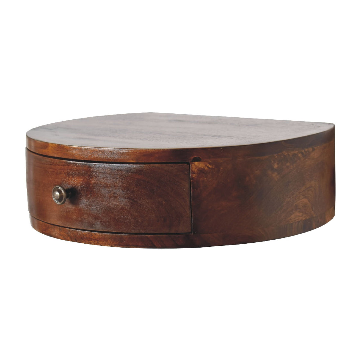 Angled view of the chestnut nightstand showing the drawer and opposite curved side