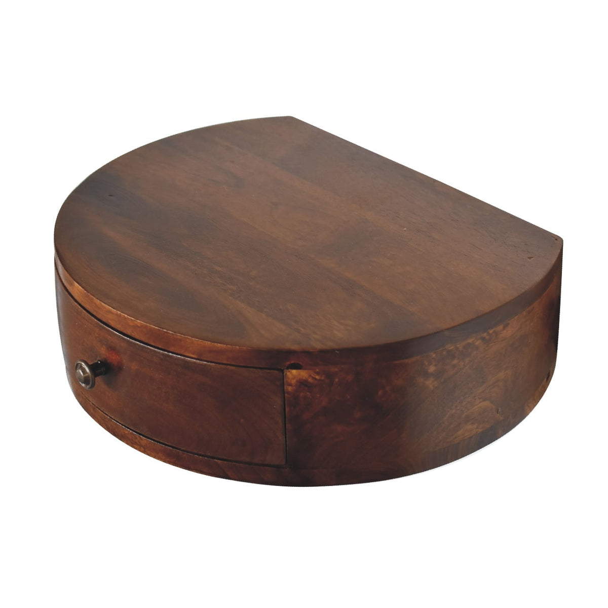 Elevated angled view of the chestnut nightstand showing its rounded top