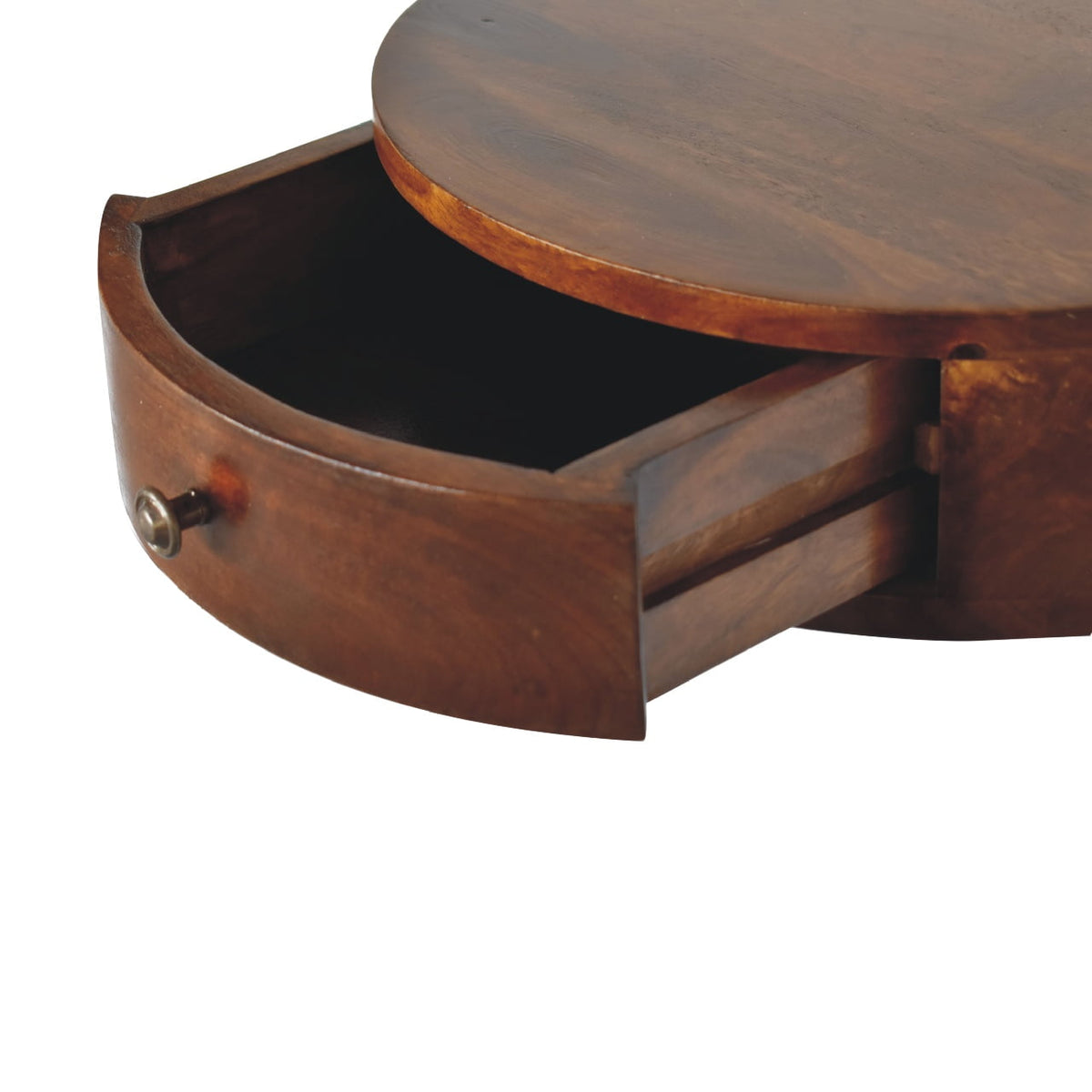 Close-up of the chestnut nightstand with its single drawer pulled open