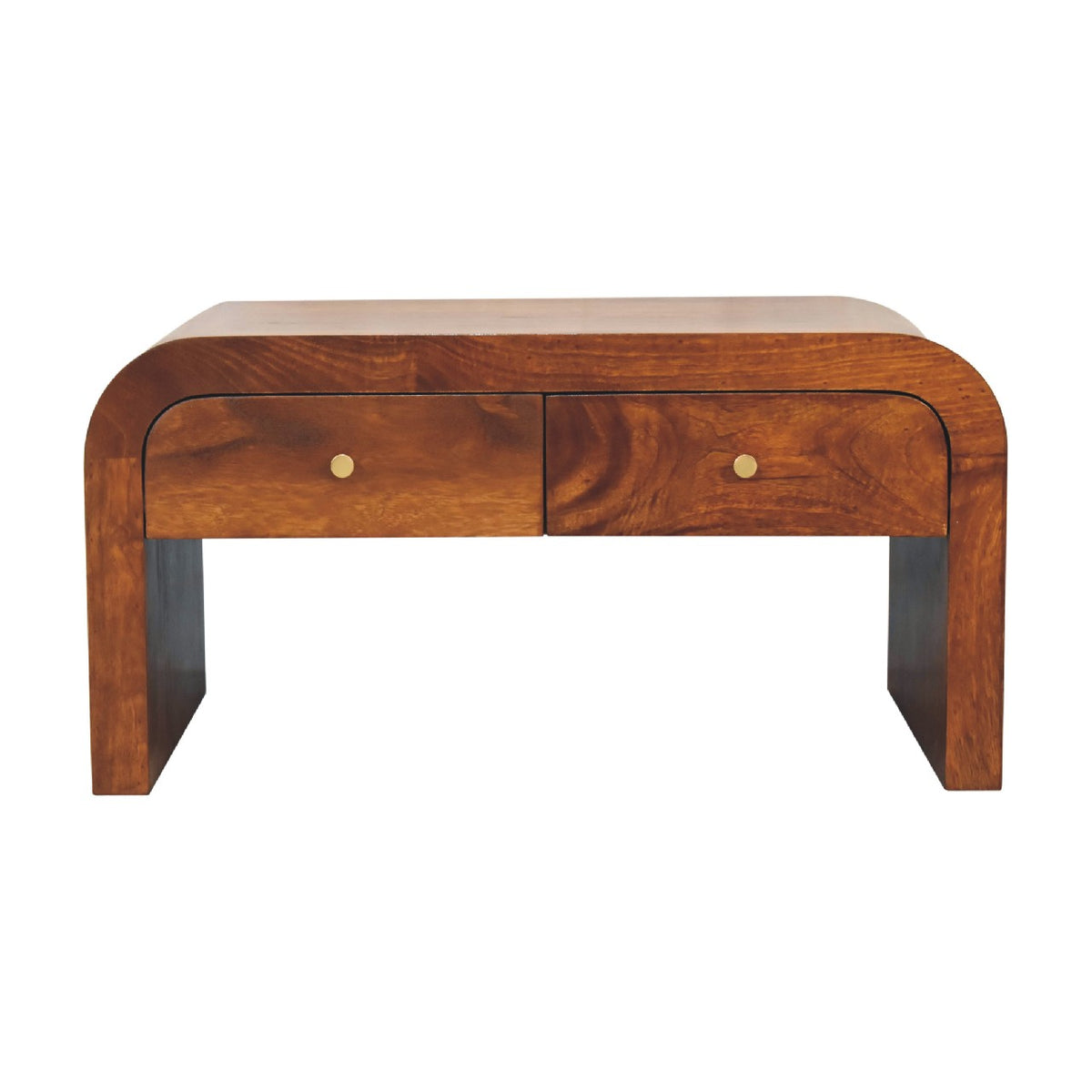 Chestnut brown coffee table with two visible drawers, shown from the front