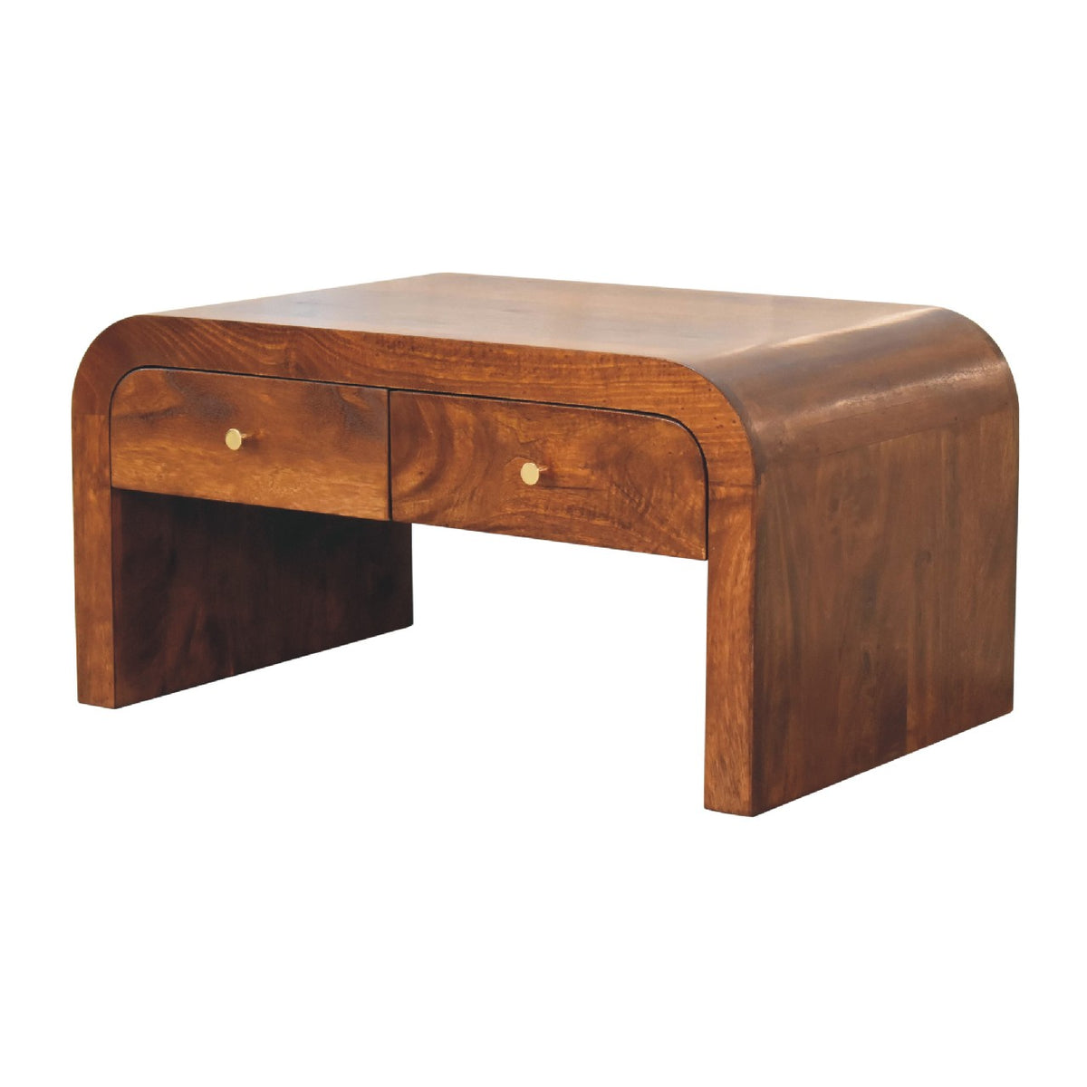 Chestnut brown coffee table with drawers, shown at a three-quarter angle