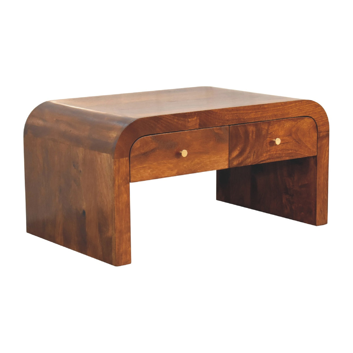 Chestnut brown coffee table with drawers, viewed from the opposite angle